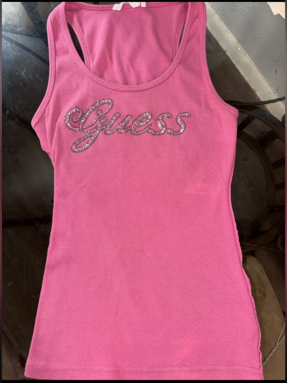 Gorgeous Y2K Bubble Gum Pink Vintage GUESS Rhinestone Logo Ribbed Tank Top